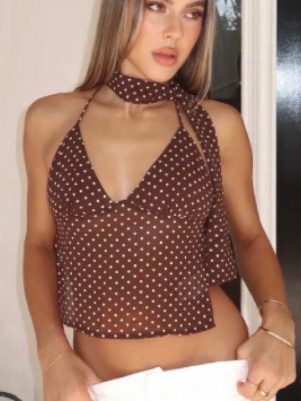 NWT White Fox Boutique brown polka dot crop top with neck scarf☮️